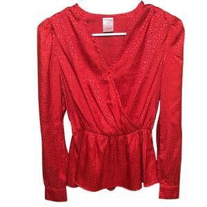 No Boundaries Red Leopard Print Surplice Peplum Blouse Women’s XS Party